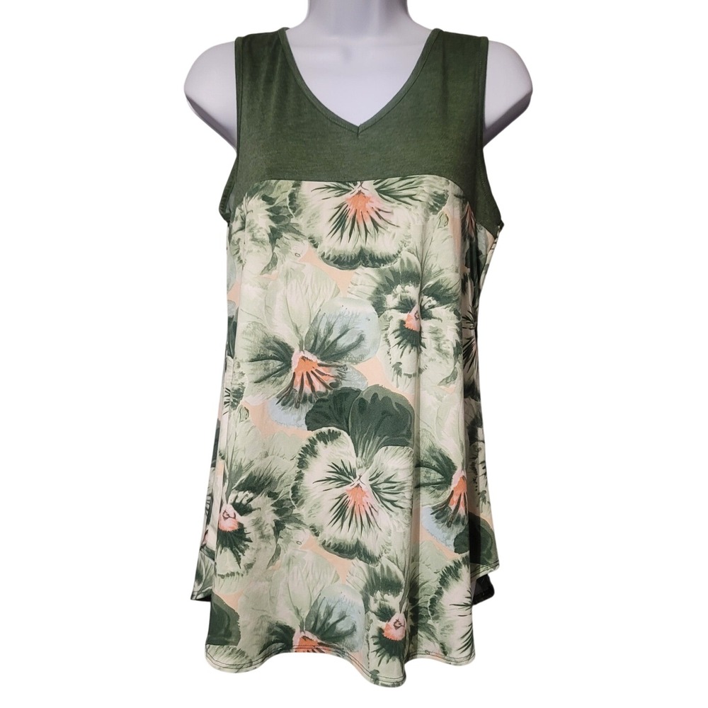 Cool Melon Womens Small Green Floral Pansy V-Neck‎ Sleeveless Tank Top Tunic USA